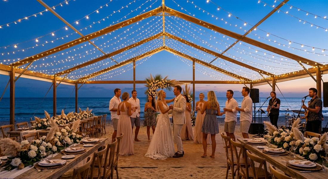 A tented beach reception under string lights